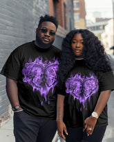 Couple Plus Size Fashion Flame Love Skull Print Round Neck Short Sleeve T-Shirt